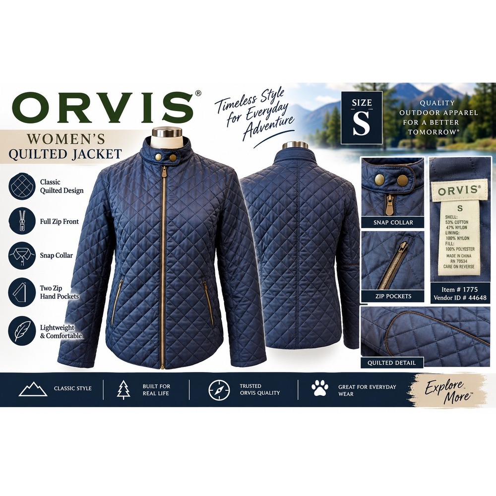 Orvis Womens Quilted Jacket Navy Blue Diamond Stitch Snap Collar Small 1775
